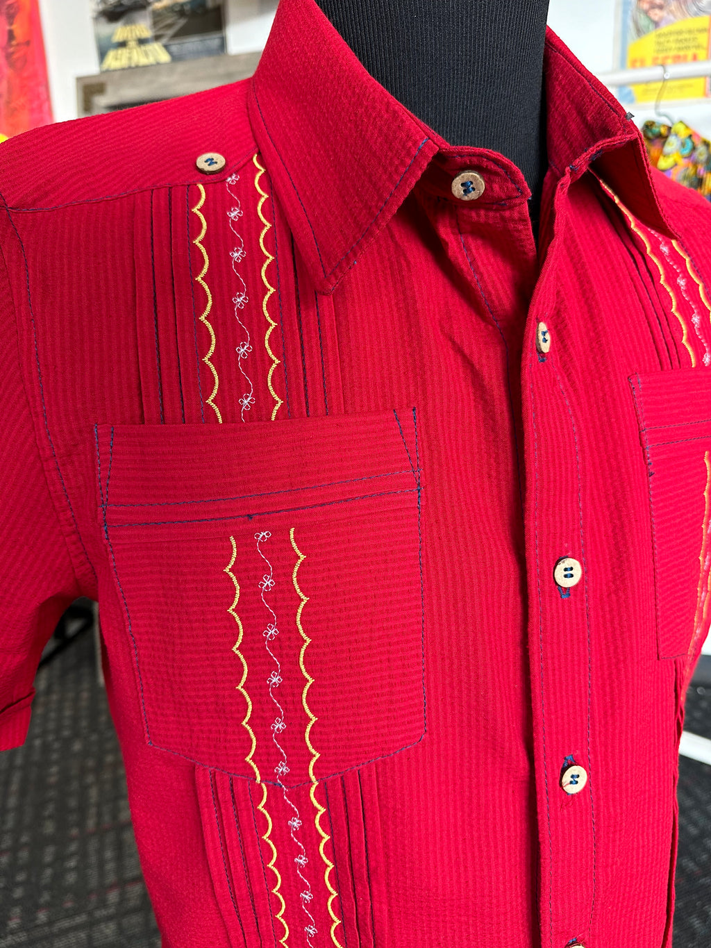 Seersucker madness in red guayabera