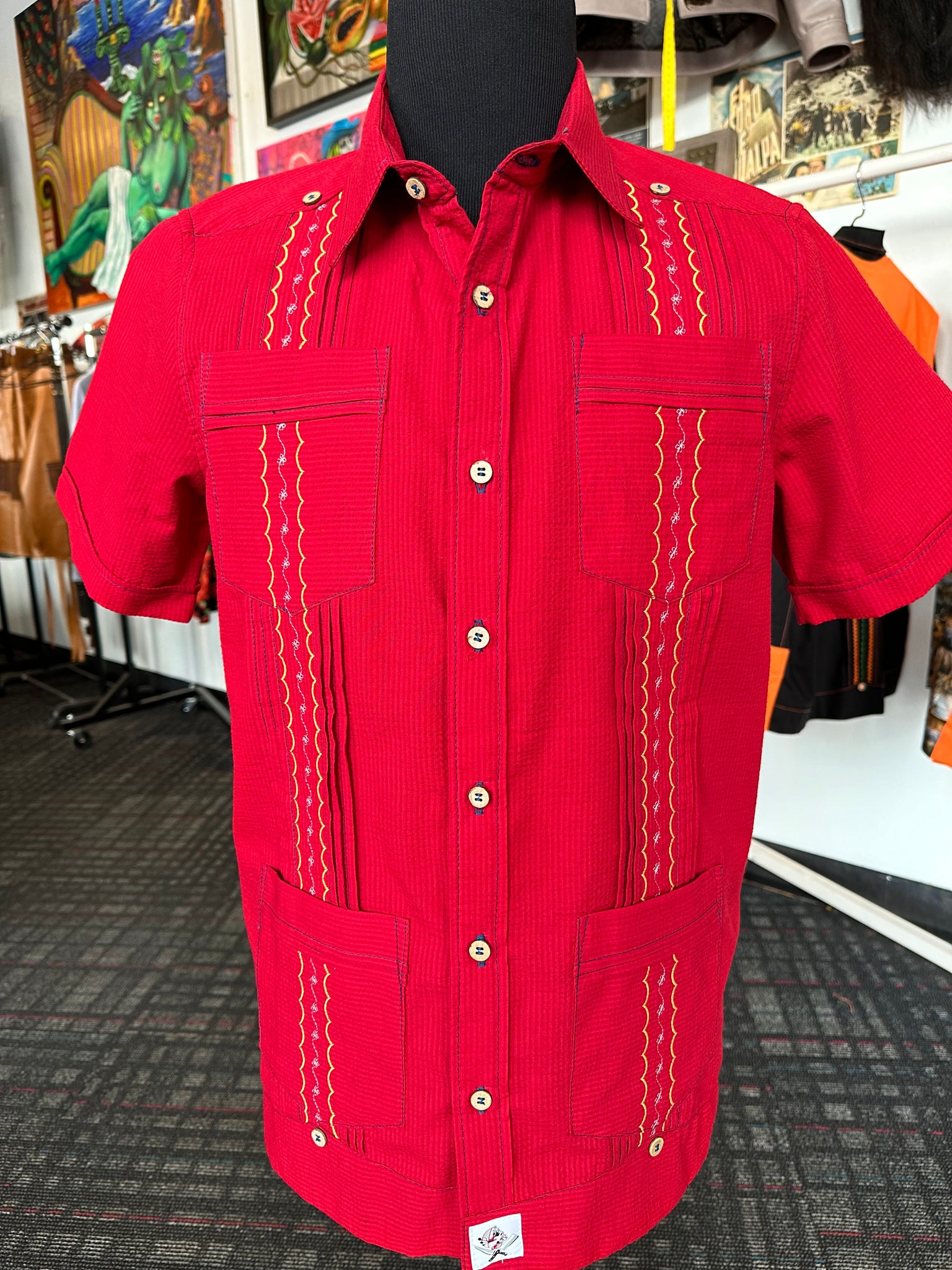 Seersucker madness in red guayabera