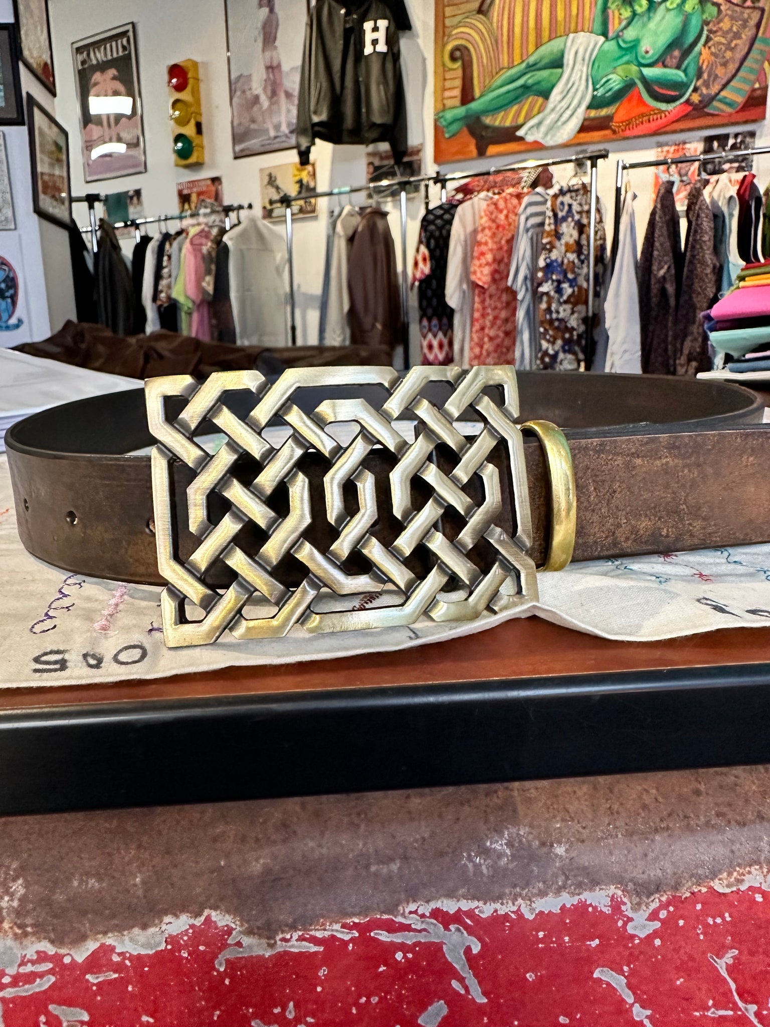 100% leather belt with brass buckle and hardware. Javier only made one