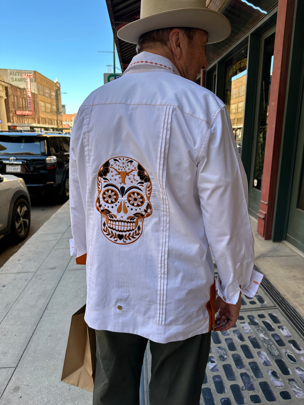 Sugar skull UT longhorns guayabera white