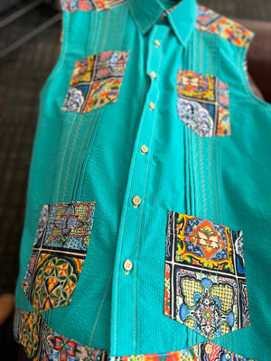 “Margaritas at mother in law’s”sleeveless guayabera