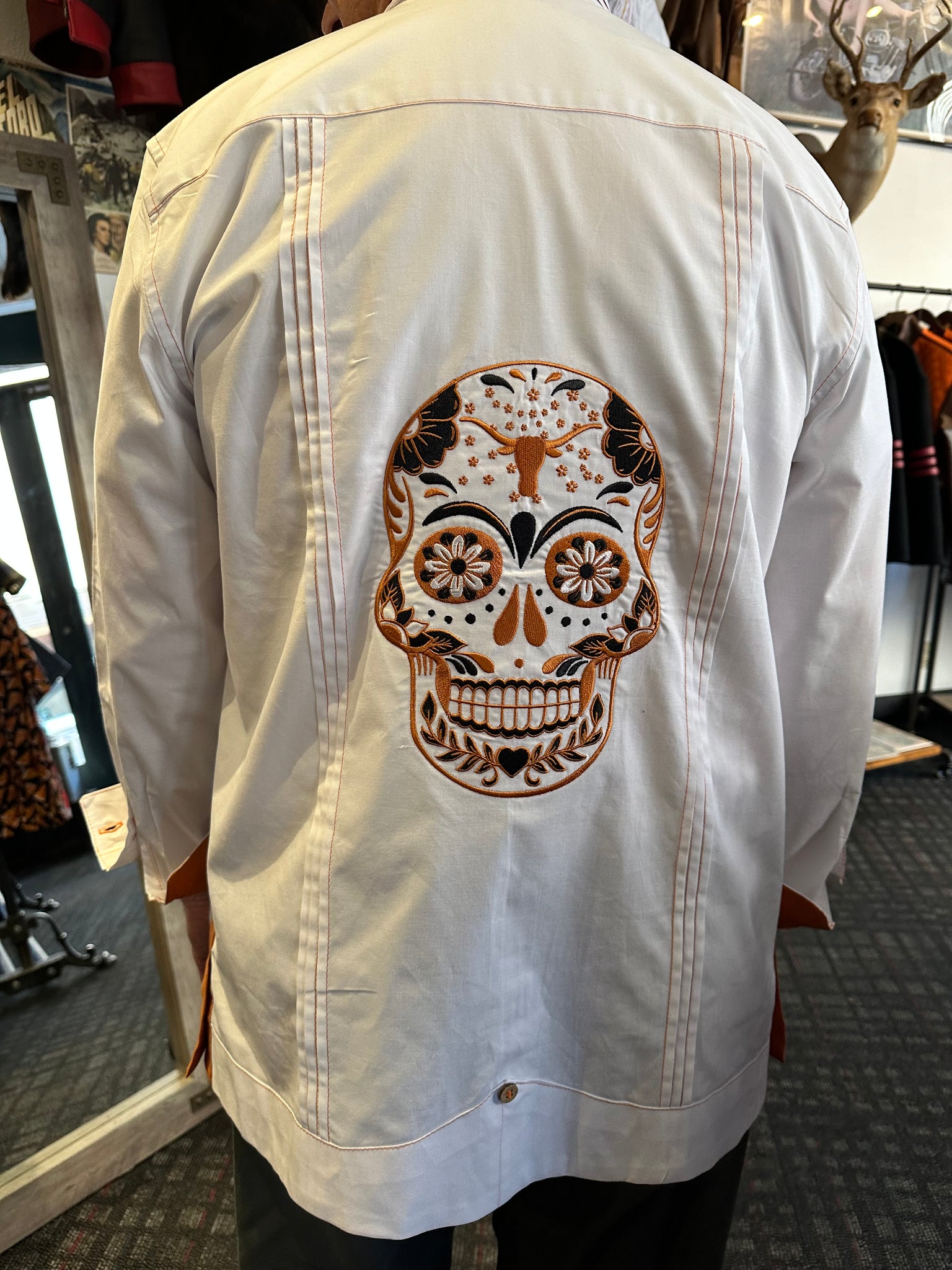 Sugar skull UT longhorns guayabera white