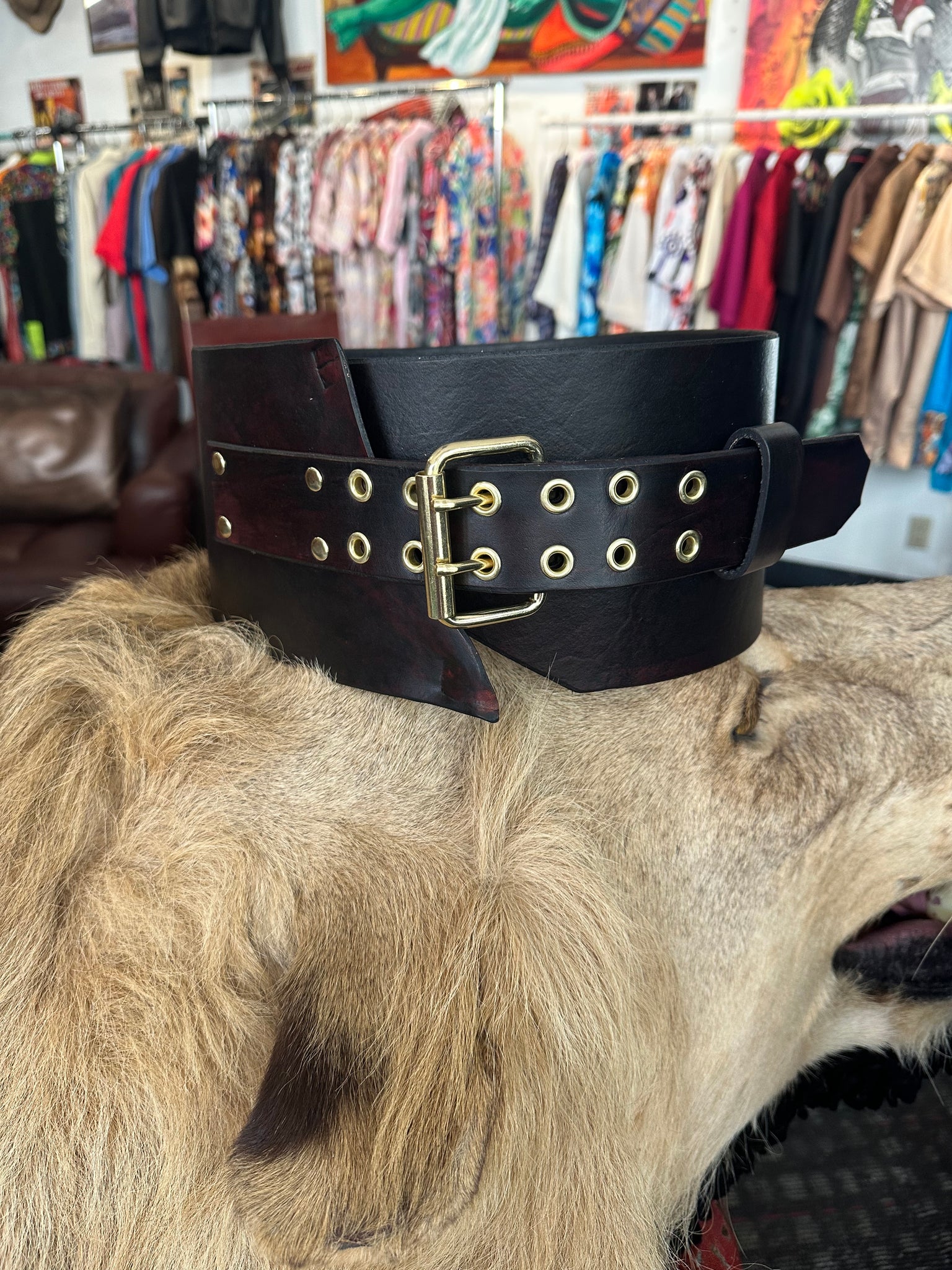 The Donna (extra wide leather mahogany leather belt with brass hardware)