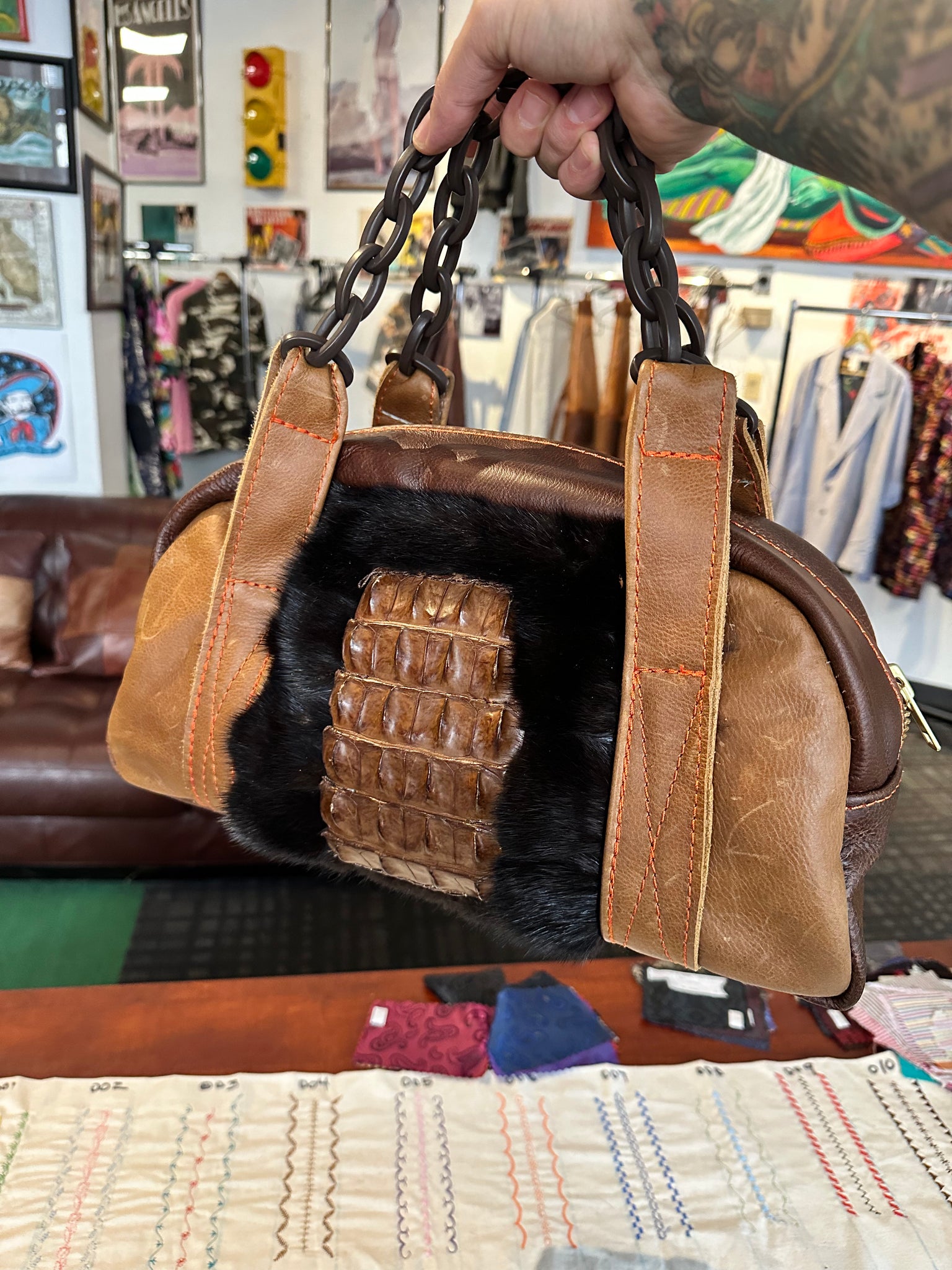 “Nickels and dimes, memories & wines” leather handbag