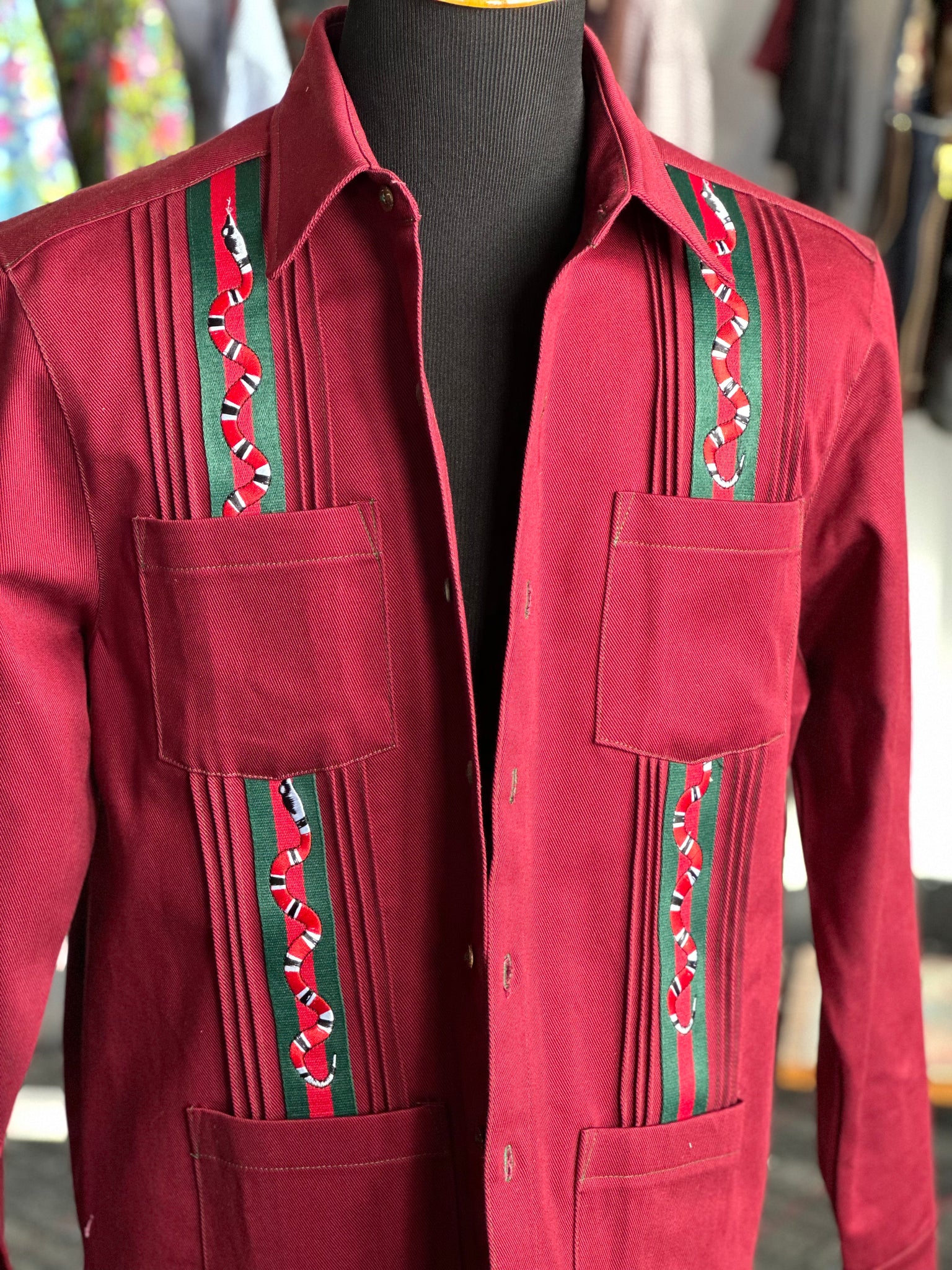 Oxblood denim guayabera