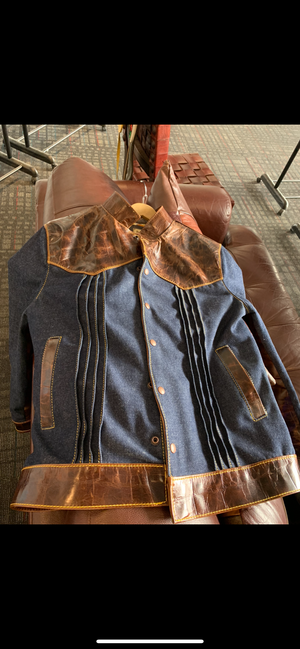 Japanese denim guayabera jacket with leather